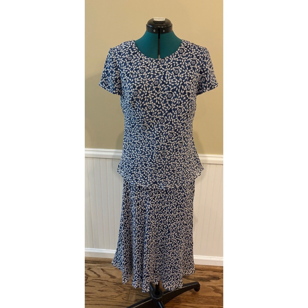 Talbots Petites Silk 2Pc Dress Set Womens 8 Blue Floral Skirt Suit VTG EUC